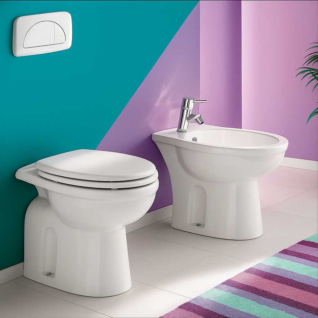 Bodengestützte Badezimmerarmaturen mit Wandabstand Rak Karla WC, Bidet und Sitz