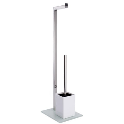 Piantana da bagno con porta rotolo e porta scopino in acciaio inox di colore bianco
