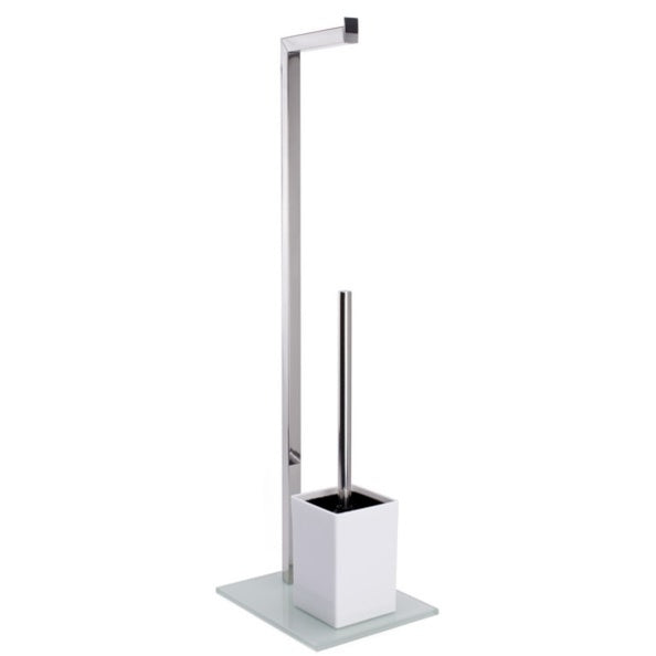 Piantana da bagno con porta rotolo e porta scopino in acciaio inox di colore bianco