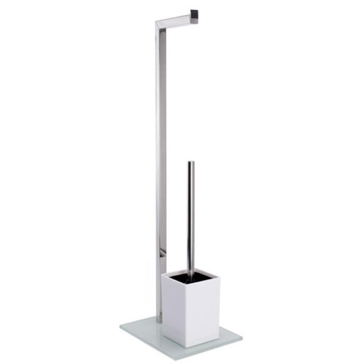 Piantana da bagno con porta rotolo e porta scopino in acciaio inox di colore bianco