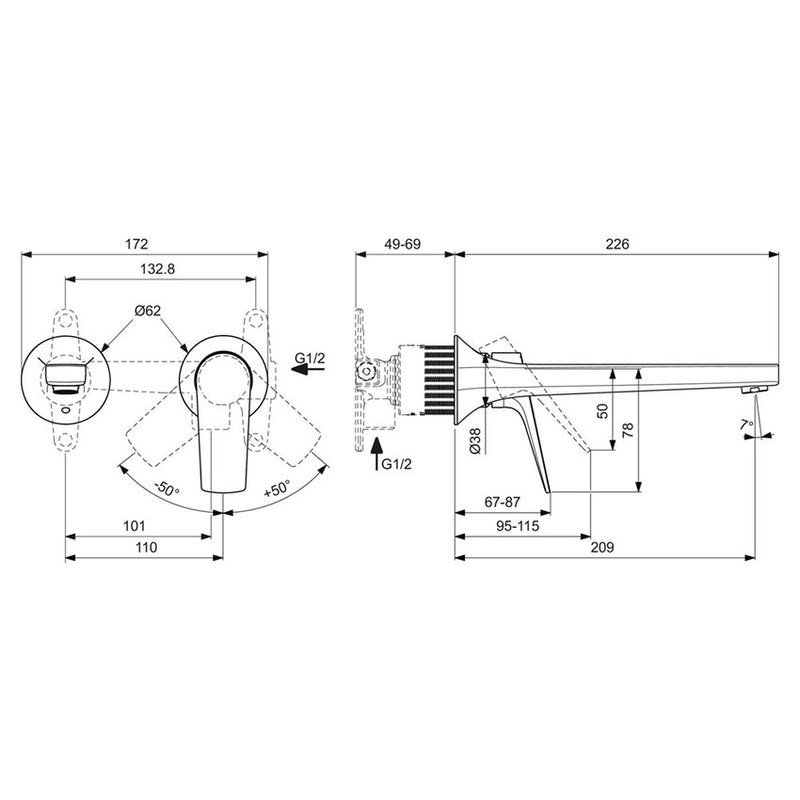 Miscelatore lavabo a parete  con bocca di erogazione da 209 mm Ideal Standard La Dolce Vita Art. BD957AA