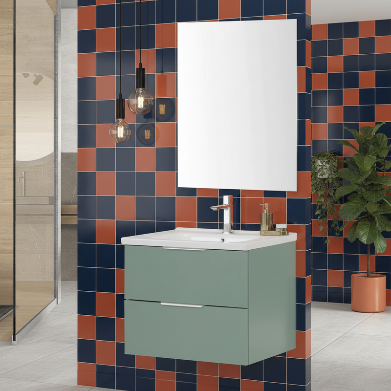 Mobile Bagno Sospeso 60 Cm Due Cassetti Specchio a Filo 60x80 Cm colore Verde