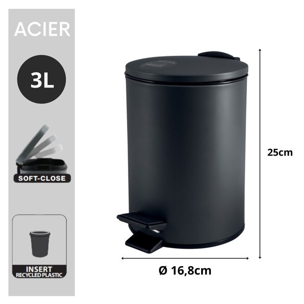 Pattumiera a pedale in Acciaio modello Alder da 3 Litri colore nero opaco by CeramicStore | Lo specialista del tuo bagno