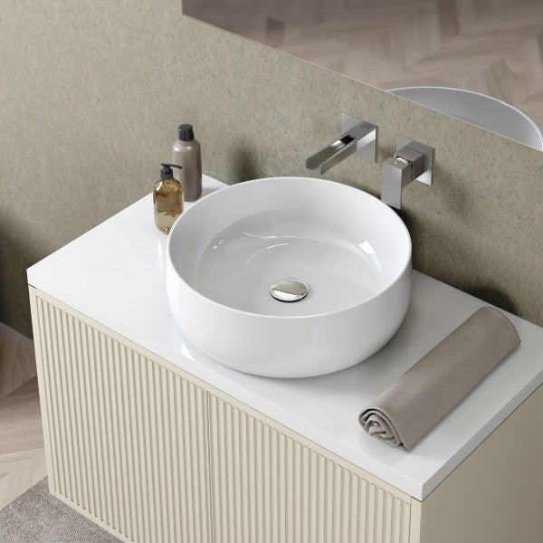 Lavabo da appoggio in ceramica bianca lucida modello Zara diametro 40 cm e bordo sottile