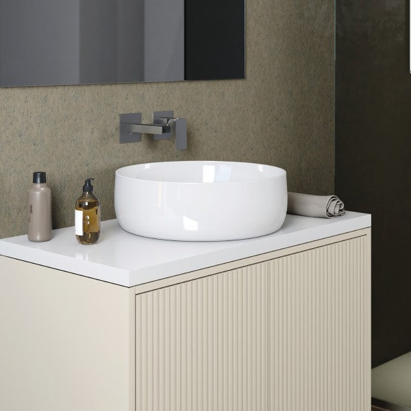 Lavabo da appoggio in ceramica bianca lucida modello Zara diametro 40 cm e bordo sottile