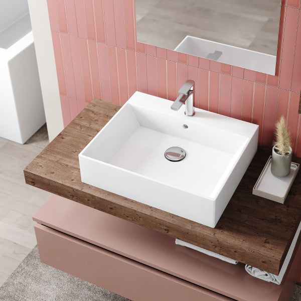 Lavabo da appoggio o sospeso in ceramica bianca con foro rubinetto modello Flos 51x42 BathCore