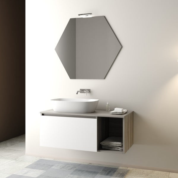 Mobile Bagno sospeso 105 cm  Cubi&Co con specchio esagonale, lavabo  e base Olmo/Bianco Opaco