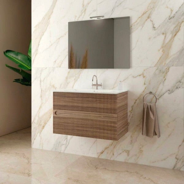 Mobile Bagno sospeso 80 cm  Cubi&Co con specchio , lavabo  e base Legno Noce