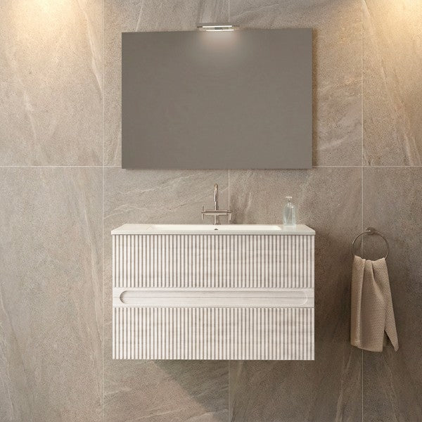 Mobile Bagno sospeso 80 cm  Cubi&Co con specchio , lavabo  e base Legno Bianco Portuna