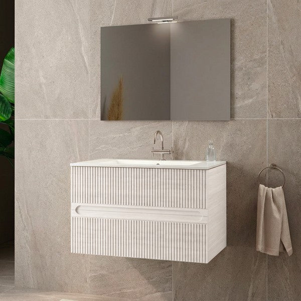 Mobile Bagno sospeso 80 cm  Cubi&Co con specchio , lavabo  e base Legno Bianco Portuna