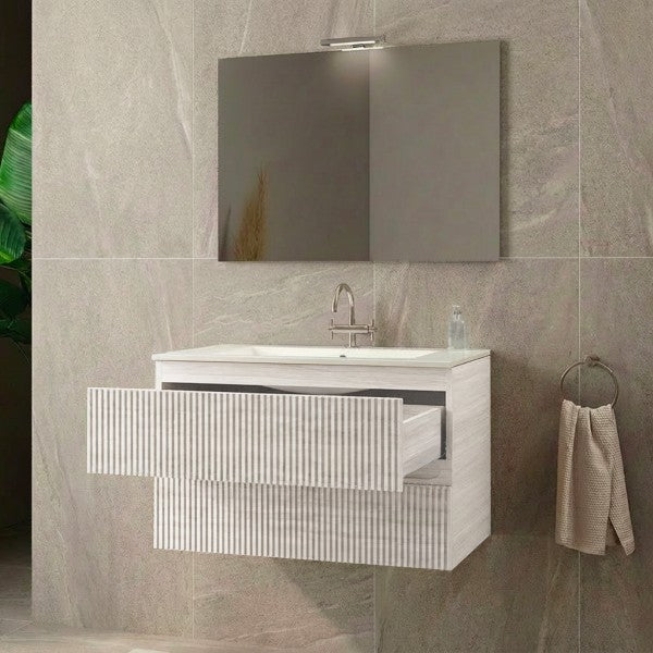 Mobile Bagno sospeso 80 cm  Cubi&Co con specchio , lavabo  e base Legno Bianco Portuna