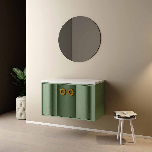 Mobile Bagno sospeso 90 cm  Cubi&Co con specchio e top per lavabo d'appoggio Verde Salvia  MARGOT