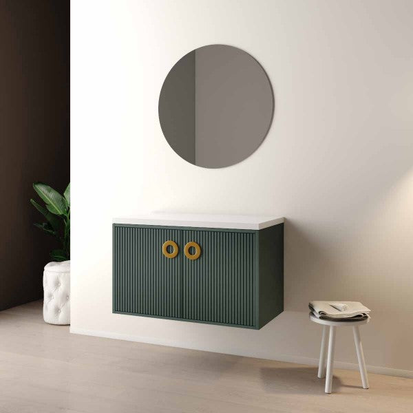 Mobile Bagno sospeso 90 cm  Cubi&Co con specchio e top per lavabo d'appoggio Verde Bottiglia MARGOT