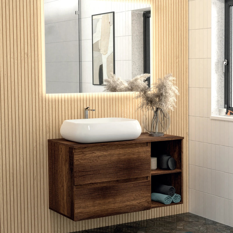 Mobile bagno sospeso Ginevra 90 cm con lavabo appoggio e specchio LED - Noce