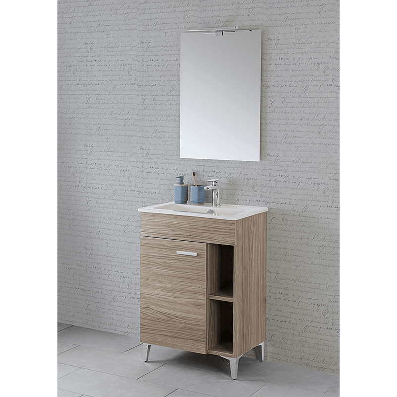 Mobile Bagno a Terra 60 Cm Un'Anta Con Vano a Giorno Specchio Su Telaio Con Lampada Led 50x70 Cm Cubi&Co  "Small" Rovere Tropea