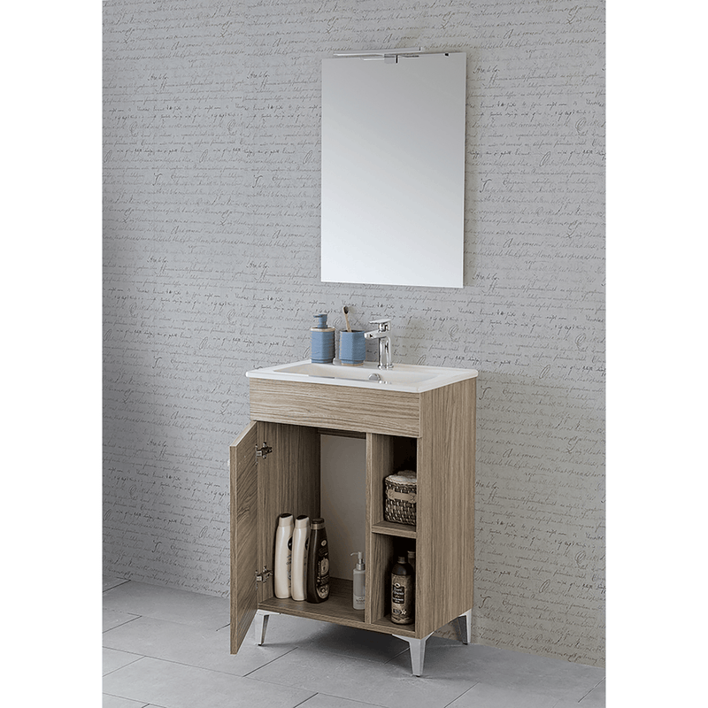 Mobile Bagno a Terra 60 Cm Un'Anta Con Vano a Giorno Specchio Su Telaio Con Lampada Led 50x70 Cm Cubi&Co  "Small" Rovere Tropea