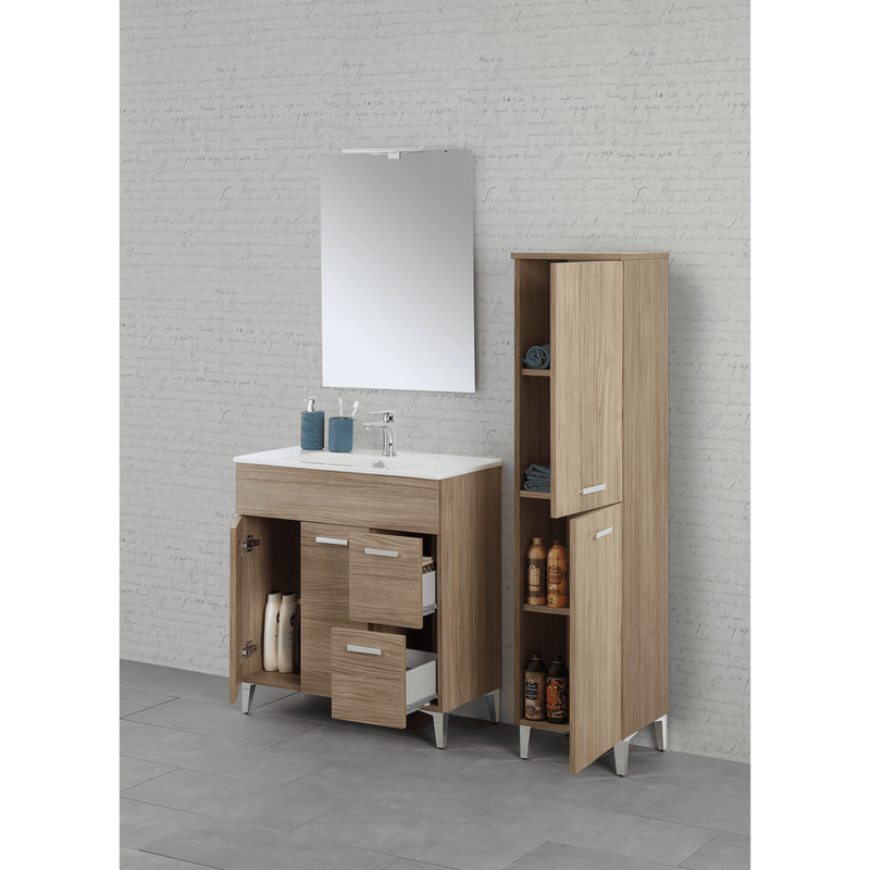 Mobile Bagno a Terra 80 Cm Due Ante Due Cassetti Specchio Con Lampada Led 62x78,5 Cm Rovere Tropea Cubi&Co collezione Frame