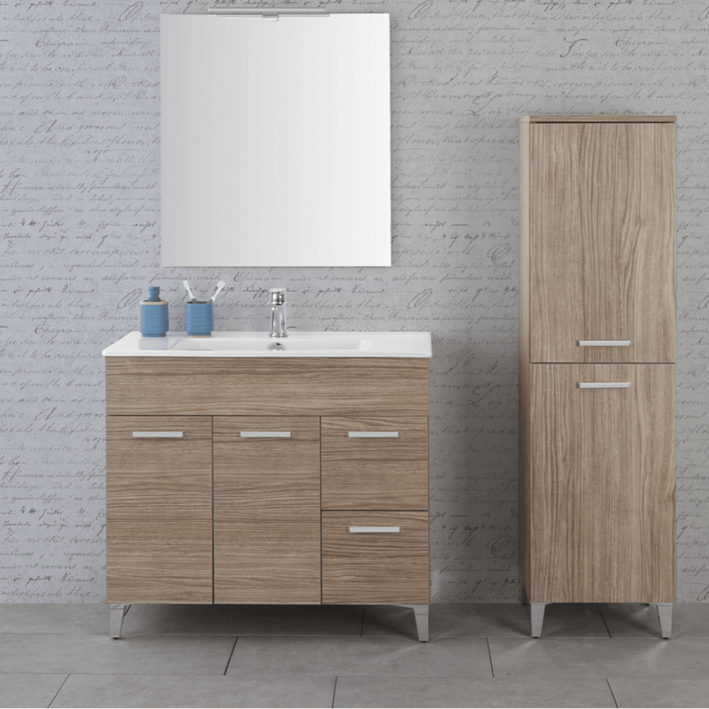 Mobile Bagno a Terra 80 Cm Due Ante Due Cassetti Specchio Con Lampada Led 62x78,5 Cm Rovere Tropea Cubi&Co collezione Frame