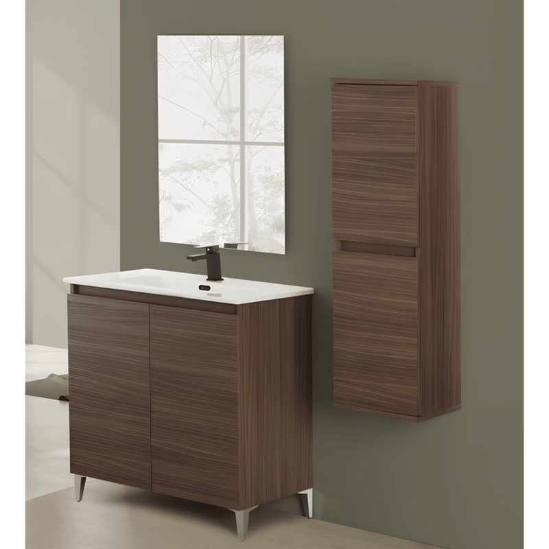 Mobile Bagno a Terra 80 Cm Due Ante Specchio a Filo 80x60 Cm finitura Noce Canaletto Cubi&Co collezione Cube