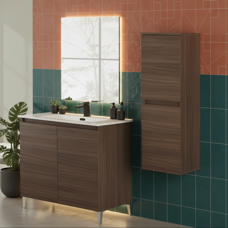 Mobile Bagno a Terra 80 Cm Due Ante Specchio a Filo 80x60 Cm finitura Noce Canaletto Cubi&Co collezione Cube