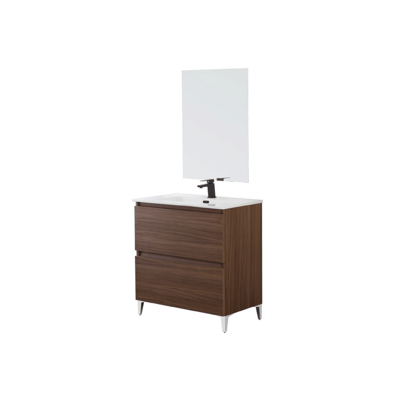 Mobile Bagno a Terra 80 Cm Due cassettoni Specchio a Filo 80x60 Cm finitura Noce Canaletto Cubi&Co collezione Cube