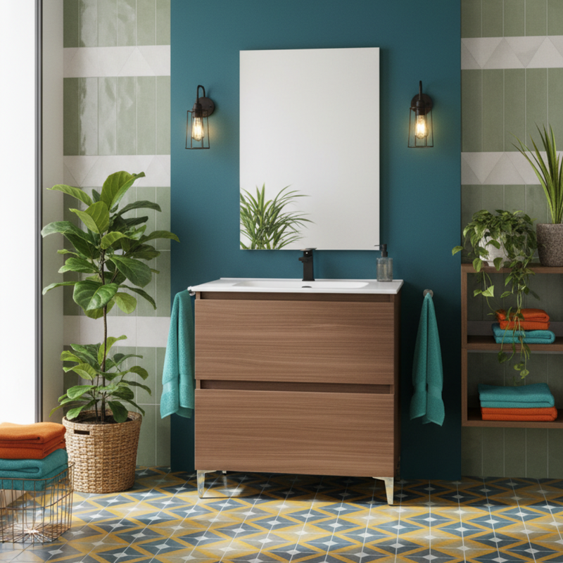 Mobile Bagno a Terra 80 Cm Due cassettoni Specchio a Filo 80x60 Cm finitura Noce Canaletto Cubi&Co collezione Cube
