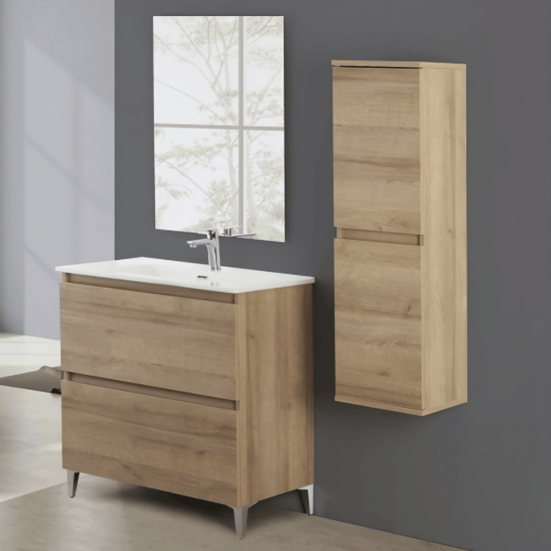 Mobile Bagno a Terra 80 Cm Due cassettoni Specchio a Filo 80x60 Cm finitura Rovere Riviera Cubi&Co collezione Cube