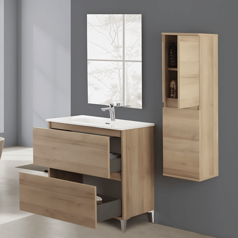 Mobile Bagno a Terra 80 Cm Due cassettoni Specchio a Filo 80x60 Cm finitura Rovere Riviera Cubi&Co collezione Cube
