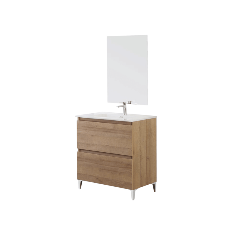 Mobile Bagno a Terra 80 Cm Due cassettoni Specchio a Filo 80x60 Cm finitura Rovere Riviera Cubi&Co collezione Cube