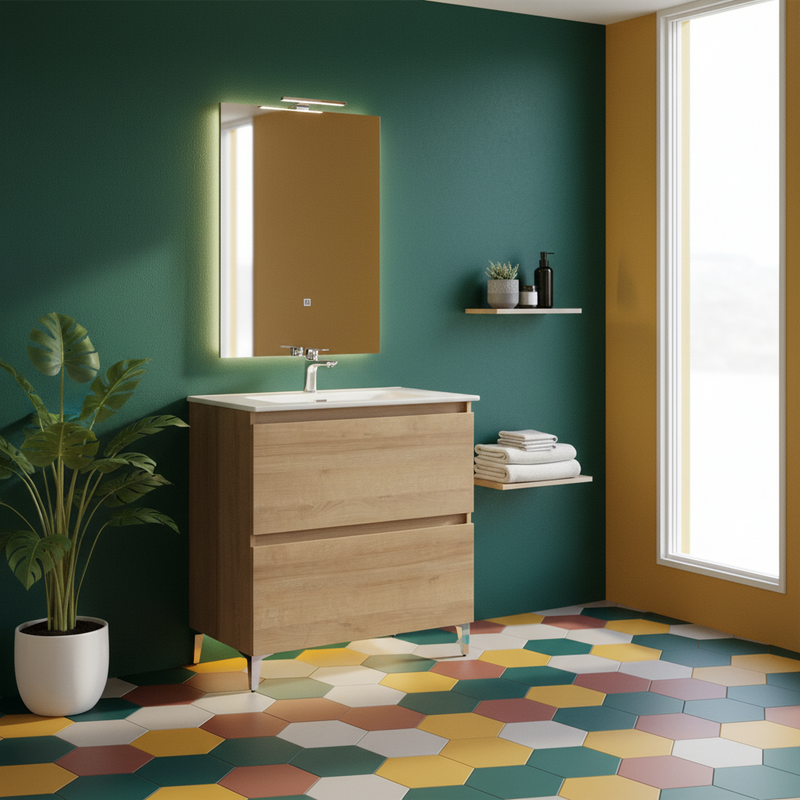 Mobile Bagno a Terra 80 Cm Due cassettoni Specchio a Filo 80x60 Cm finitura Rovere Riviera Cubi&Co collezione Cube