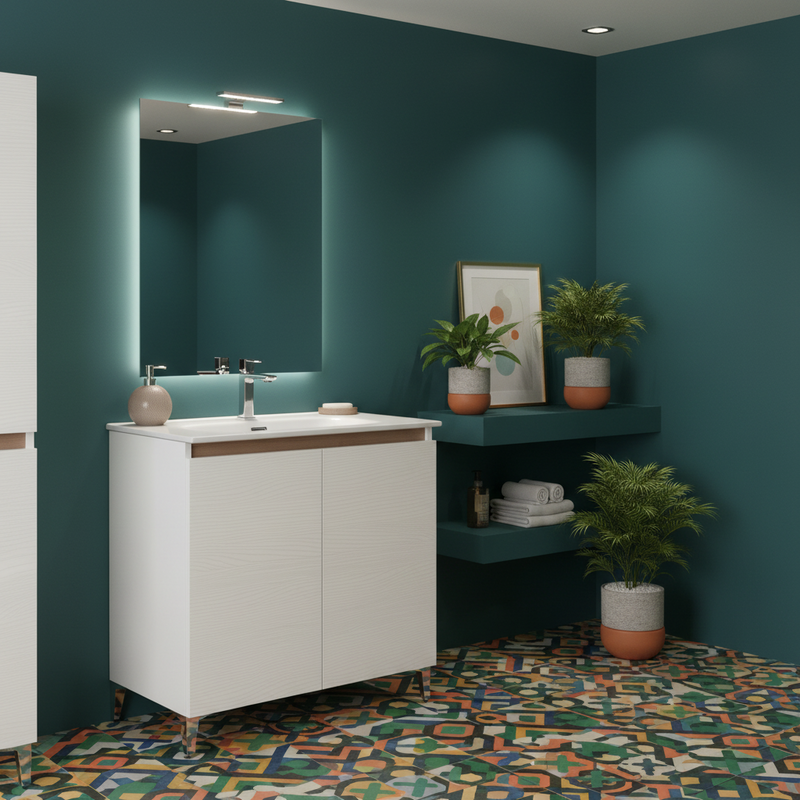 Mobile Bagno a Terra 80 Cm Due Ante Specchio a Filo 80x60 Cm finitura Bianco Frassinato Cubi&Co collezione Cube