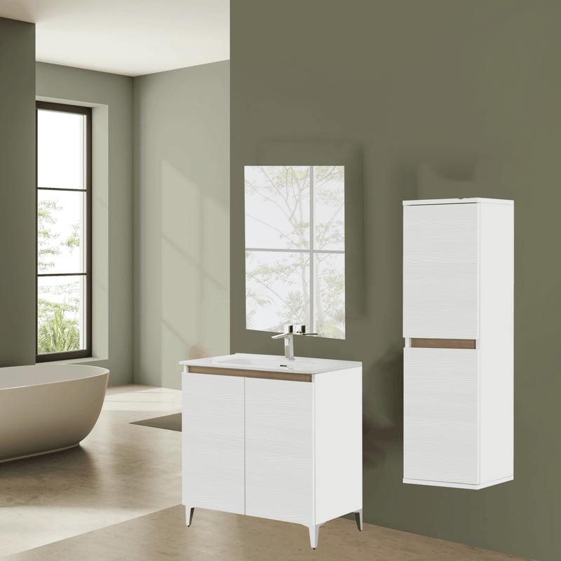 Mobile Bagno a Terra 80 Cm Due Ante Specchio a Filo 80x60 Cm finitura Bianco Frassinato Cubi&Co collezione Cube