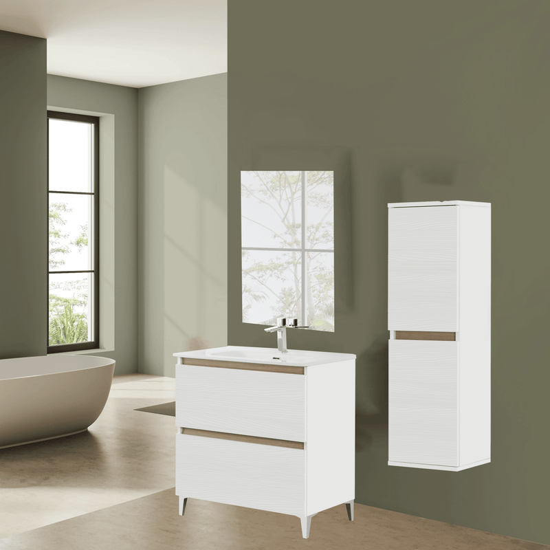 Mobile Bagno a Terra 80 Cm Due cassettoni Specchio a Filo 80x60 Cm finitura Bianco Frassino Cubi&Co collezione Cube