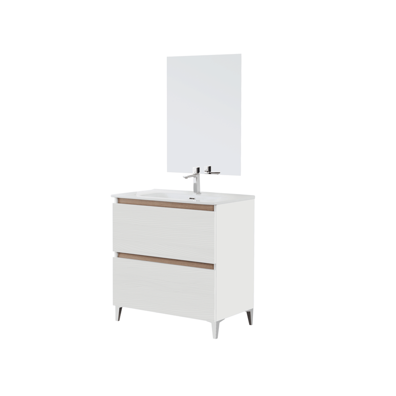 Mobile Bagno a Terra 80 Cm Due cassettoni Specchio a Filo 80x60 Cm finitura Bianco Frassino Cubi&Co collezione Cube