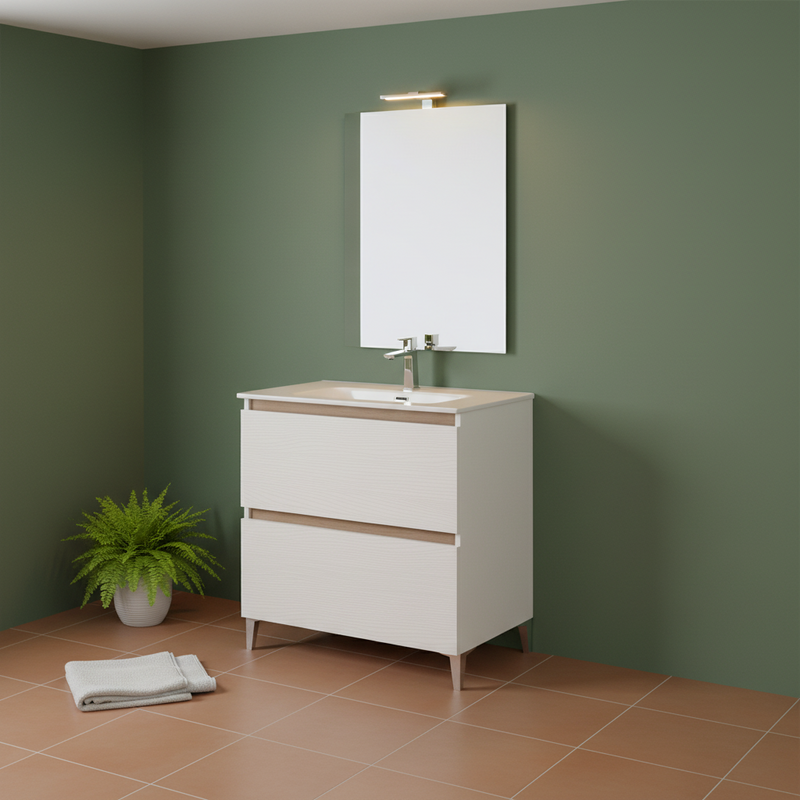 Mobile Bagno a Terra 80 Cm Due cassettoni Specchio a Filo 80x60 Cm finitura Bianco Frassino Cubi&Co collezione Cube