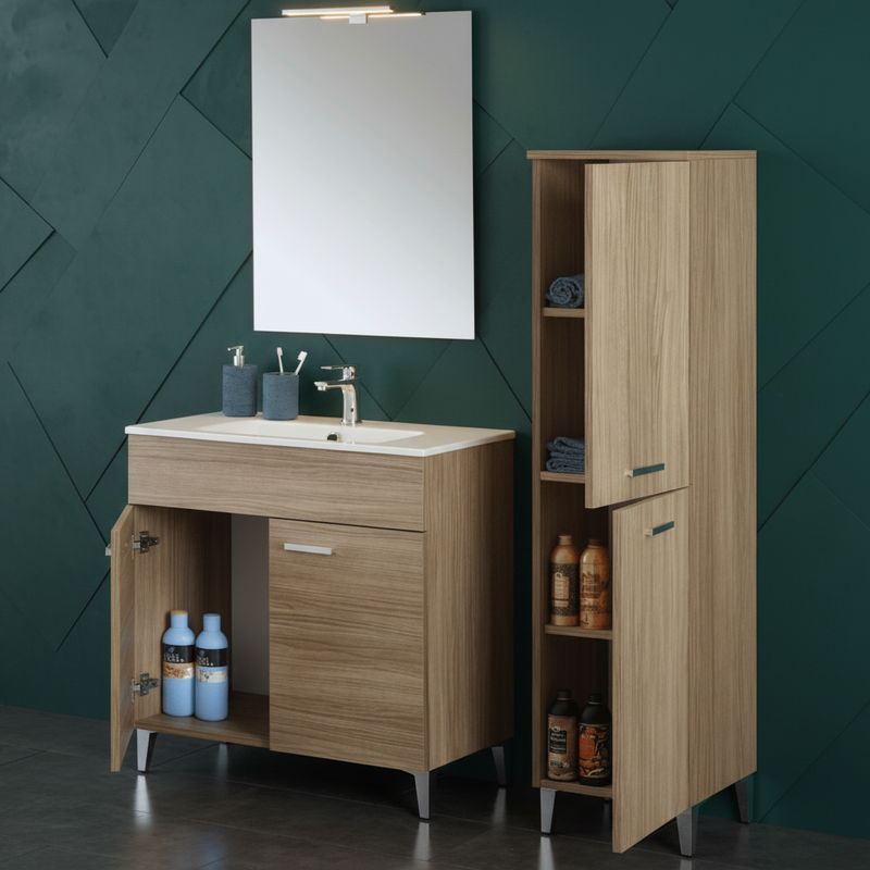 Mobile Bagno a Terra 80 Cm Due Ante Specchio Con Lampada Led 62x78,5 Cm Cubi&Co "Greta" Rovere Tropea
