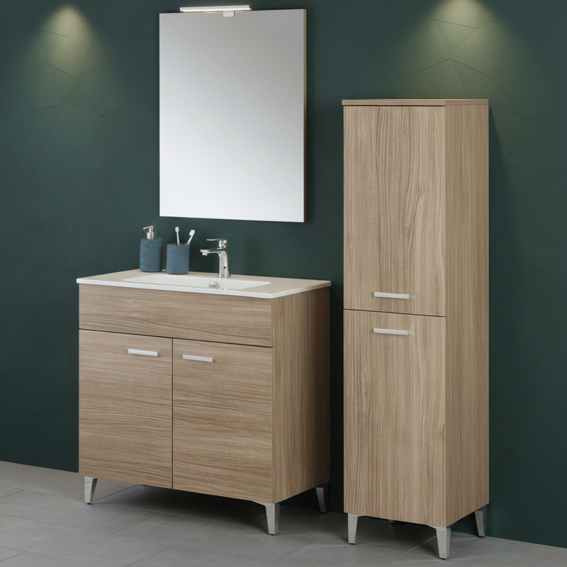 Mobile Bagno a Terra 80 Cm Due Ante Specchio Con Lampada Led 62x78,5 Cm Cubi&Co "Greta" Rovere Tropea