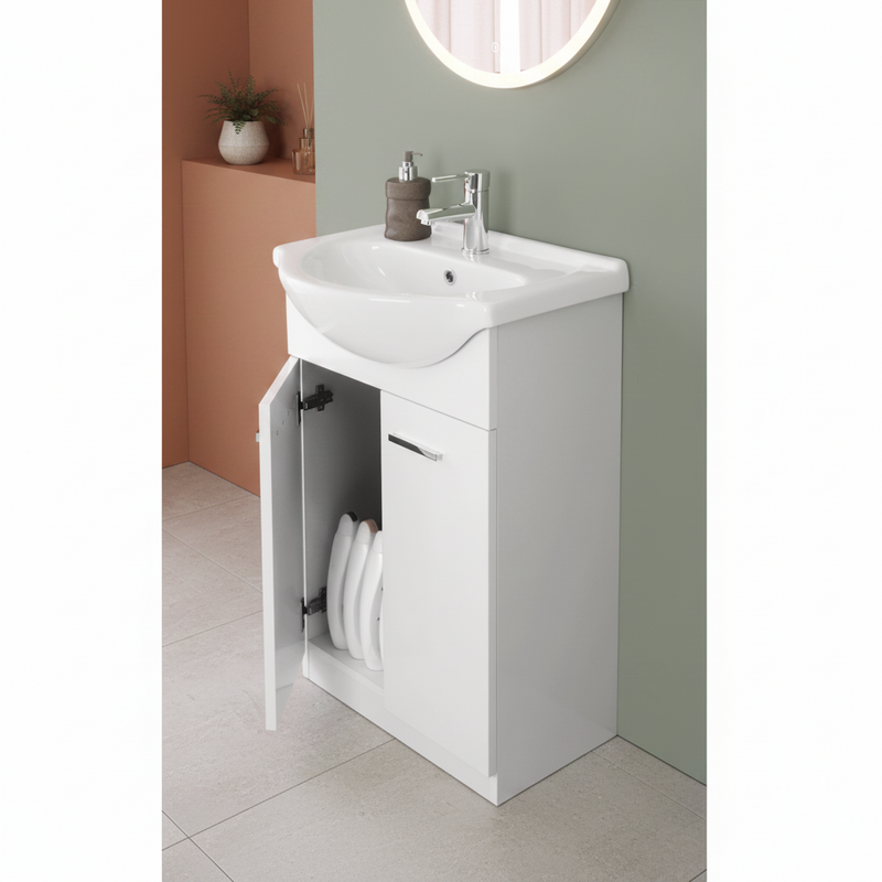 Mobile Bagno a Terra 55 Cm Due Ante Specchio 48x73 Cm Cubi&Co "Stella" Bianco Lucido