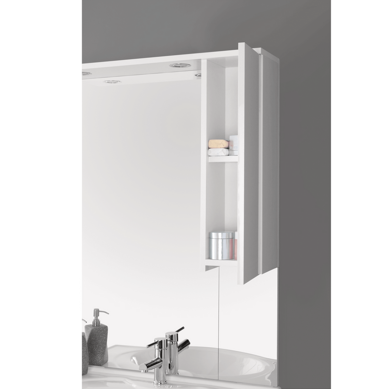 Mobile Bagno a Terra 85 Cm con Due Cassetti Due Ante Specchio Con Pensile e Faretti Led 76x106 Cm Cubi&Co "Stella" Bianco Lucido