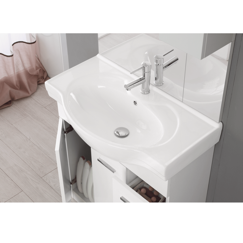 Mobile Bagno a Terra 85 Cm con Due Cassetti Due Ante Specchio Con Pensile e Faretti Led 76x106 Cm Cubi&Co "Stella" Bianco Lucido