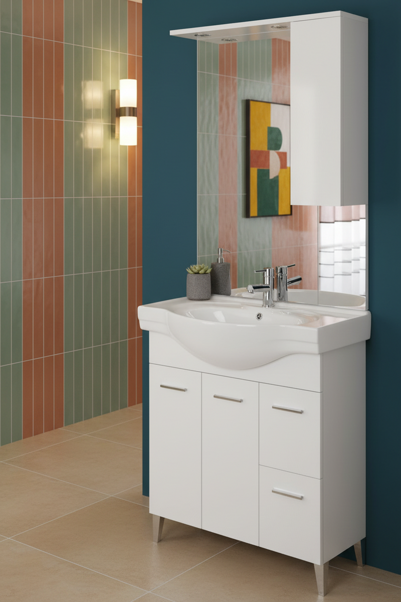 Mobile Bagno a Terra 85 Cm con Due Cassetti Due Ante Specchio Con Pensile e Faretti Led 76x106 Cm Cubi&Co "Stella" Bianco Lucido