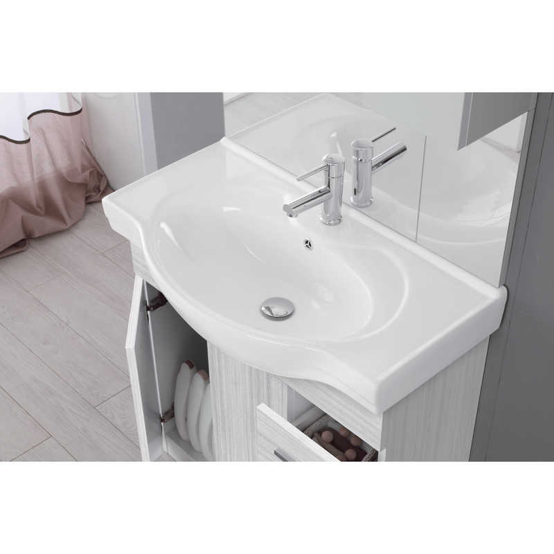 Mobile Bagno a Terra 85 Cm con Due Cassetti Due Ante Specchio Con Pensile e Faretti Led 76x106 Cm Cubi&Co "Stella" Grigio