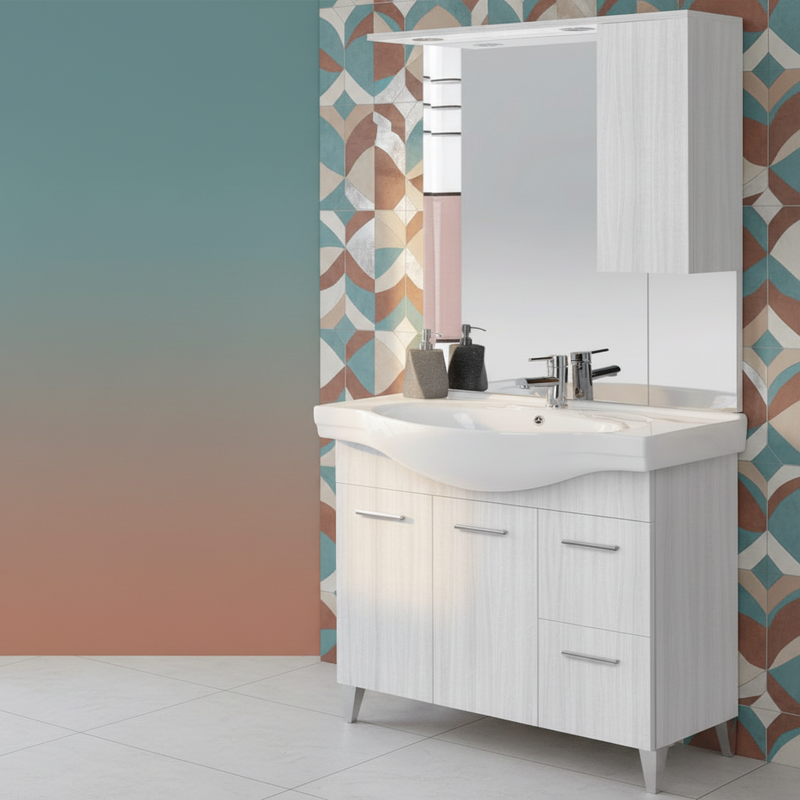Mobile Bagno a Terra 85 Cm con Due Cassetti Due Ante Specchio Con Pensile e Faretti Led 76x106 Cm Cubi&Co "Stella" Grigio