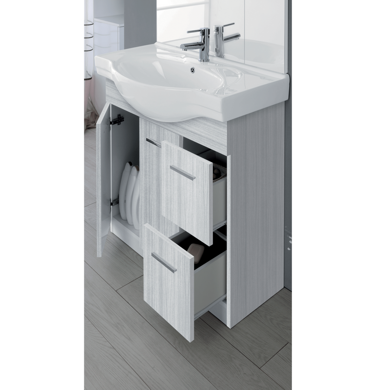 Mobile Bagno a Terra 85 Cm con Due Cassetti Due Ante Specchio Con Pensile e Faretti Led 76x106 Cm Cubi&Co "Stella" Grigio
