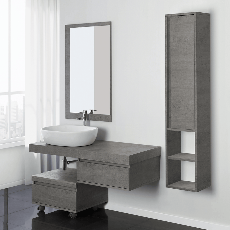 Mobile Bagno Sospeso 120 Cm Completo Di Top Specchio Su Pannello 60x100 Cm Colore Rovere Grigio