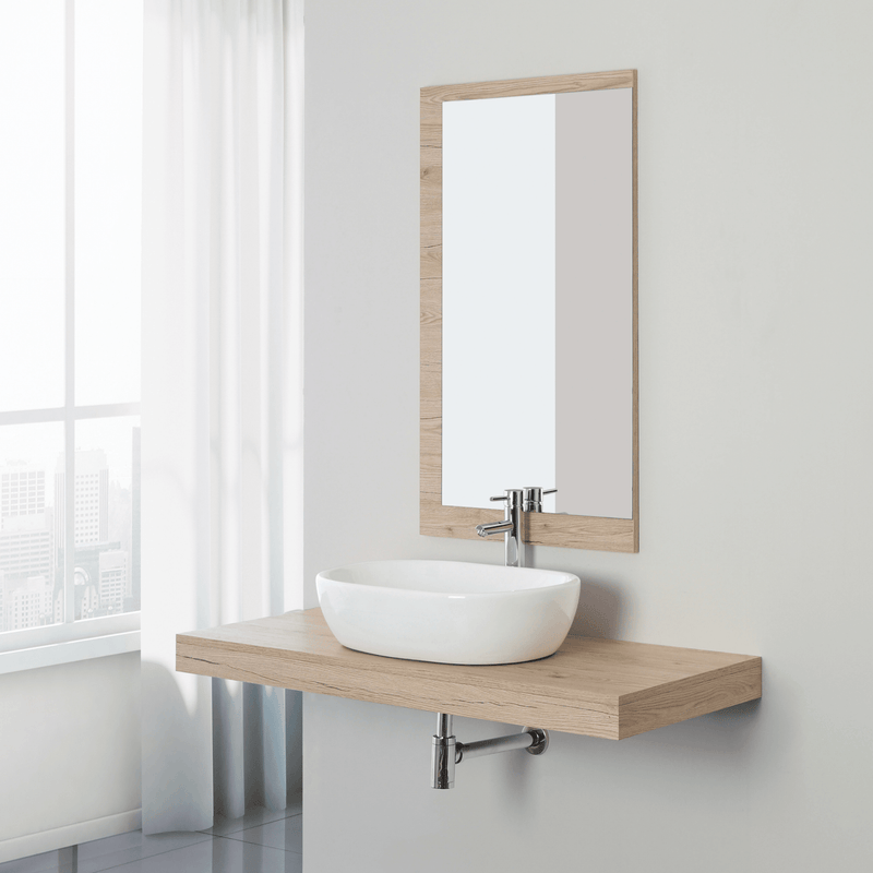 Mobile Bagno Sospeso 120 Cm Completo Di Top Specchio Su Pannello 60x100 Cm Colore Rovere  Chiaro