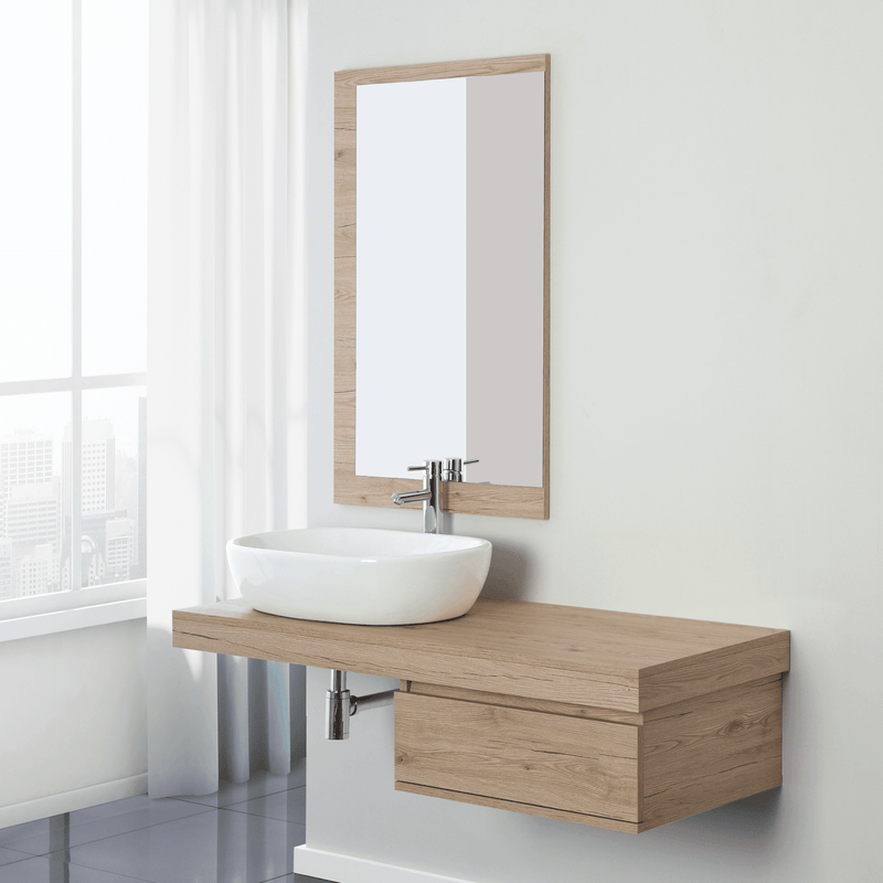 Mobile Bagno Sospeso 120 Cm Completo Di Top Specchio Su Pannello 60x100 Cm Colore Rovere  Chiaro