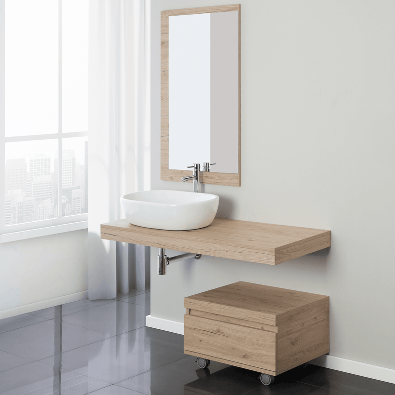 Mobile Bagno Sospeso 120 Cm Completo Di Top Specchio Su Pannello 60x100 Cm Colore Rovere  Chiaro