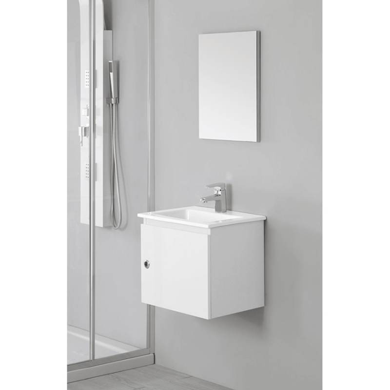 Mobile Bagno Sospeso 50 Cm Un'Anta Specchio Su Pannello 40x50 Cm colore Bianco Lucido