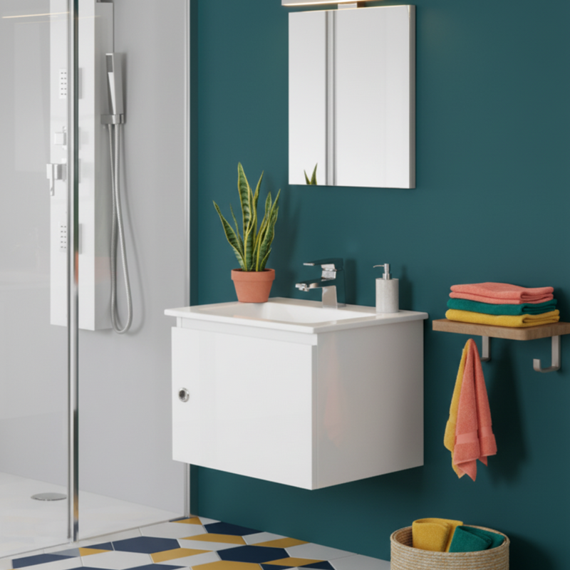 Mobile Bagno Sospeso 50 Cm Un'Anta Specchio Su Pannello 40x50 Cm colore Bianco Lucido